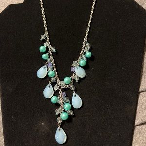 Teardrop Bluish Green Beaded Y- Drop Necklace on  Silver Chain.